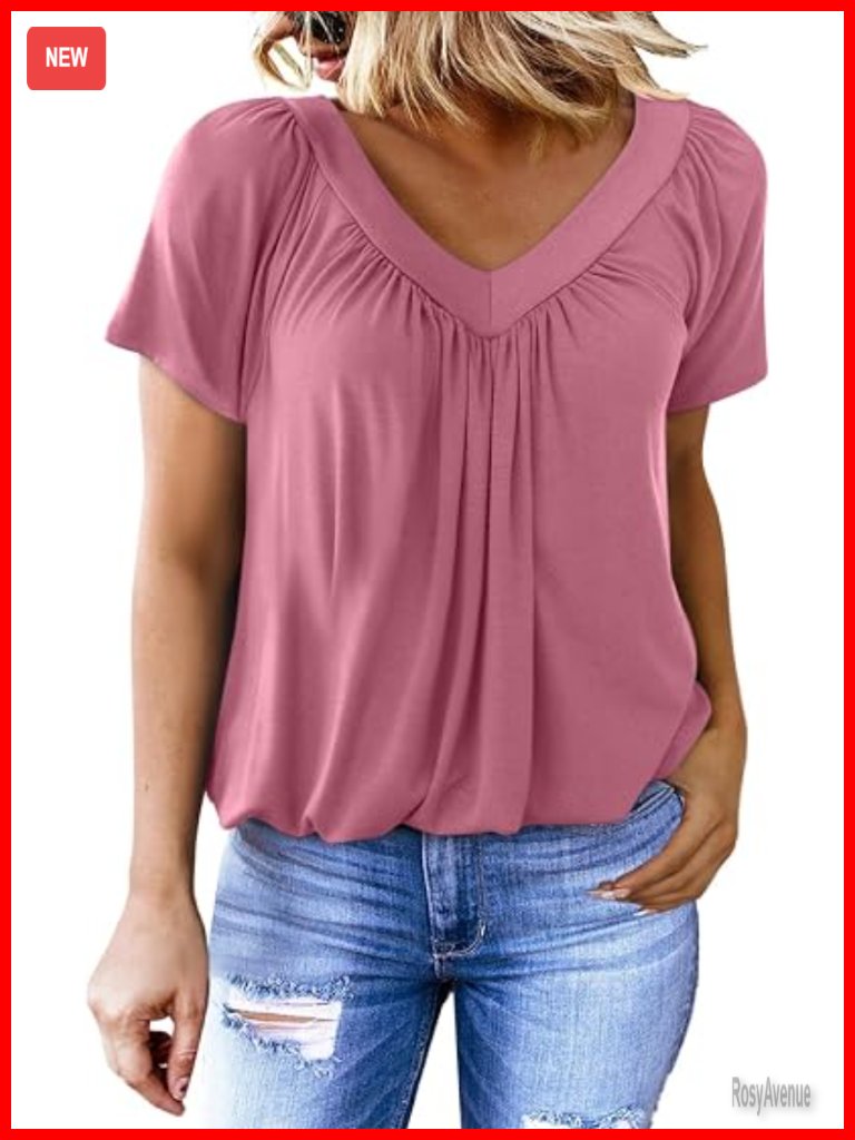 V Neck Short Sleeve Tunic Tops Casual Loose Fit Cotton Viscose T Shirt